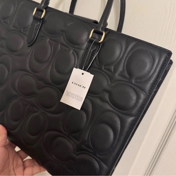 Coach Black Embossed Leather Tote Bag - Picture 3 of 6